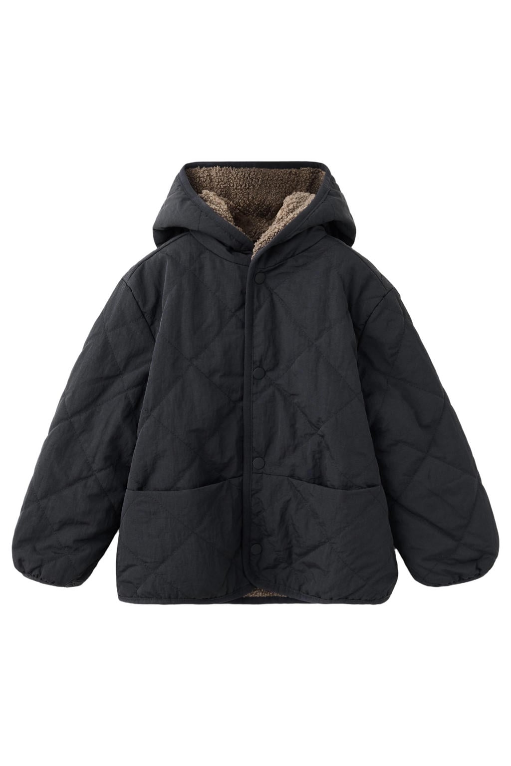 Zwarte jongens Mango Kids gewatteerde winterjas van polyamide met effen, lange mouwen, capuchon en drukknoopsluiting