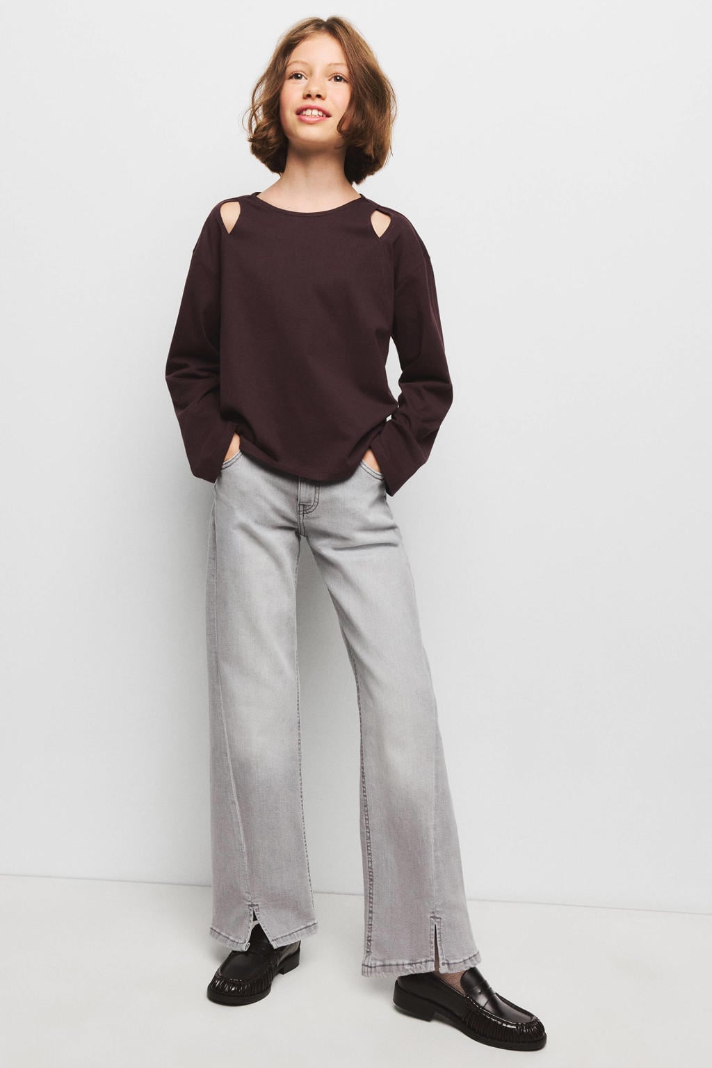 Grey denim meisjes Mango Kids regular waist flared jeans van denim met rits- en knoopsluiting en effen