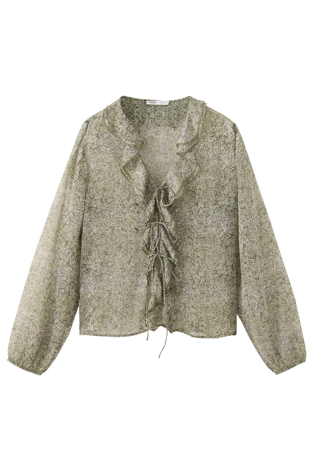 Groene meisjes MANGO TEEN gebloemde blouse en van polyester met lange mouwen, V-hals, striksluiting en ruches
