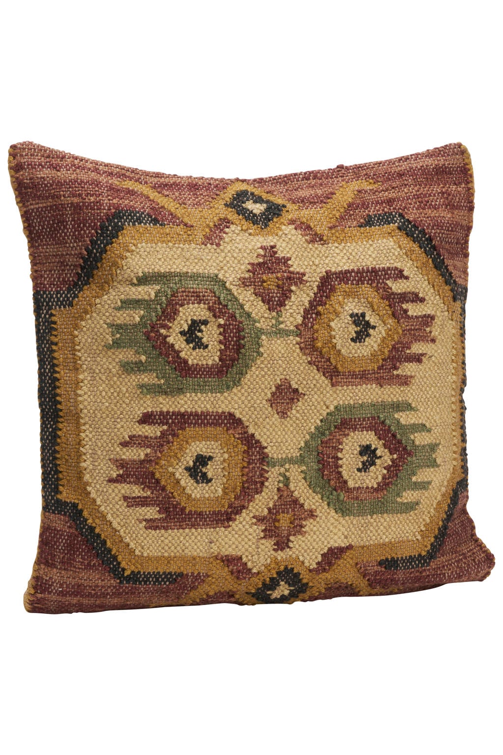 Madam Stoltz vierkante juten grafische sierkussenhoes 50x50 cm - terra/beige/groen
