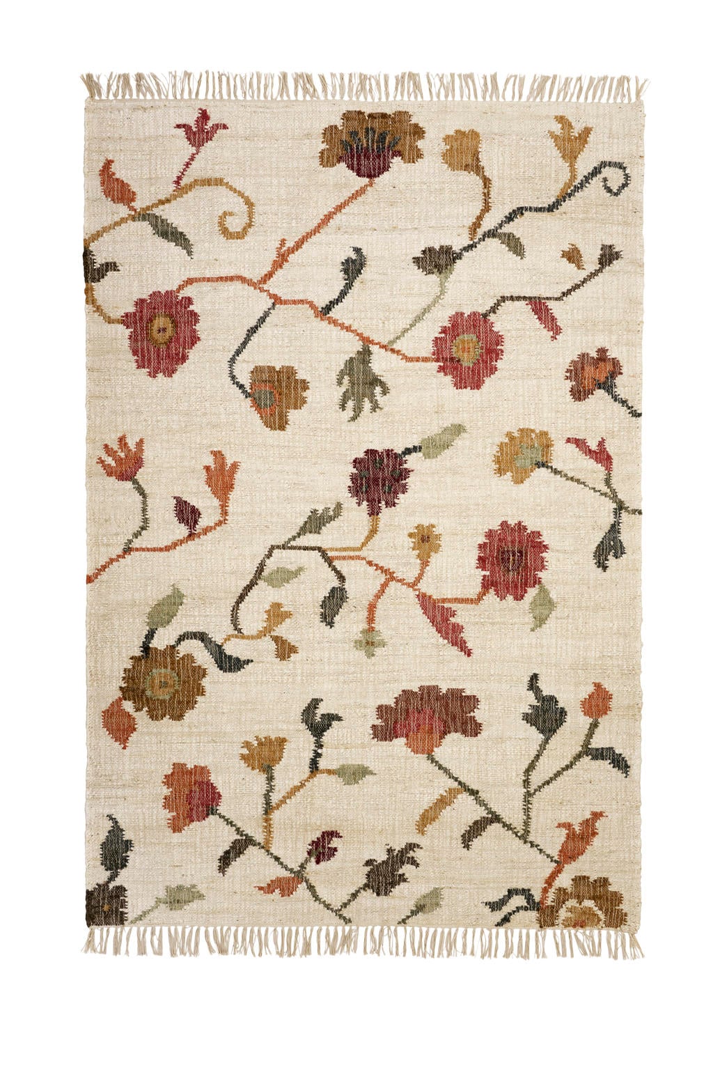 Madam Stoltz laagpolig rechthoekige jute vloerkleed 240x160 cm - gebroken wit/rood/geel/groen