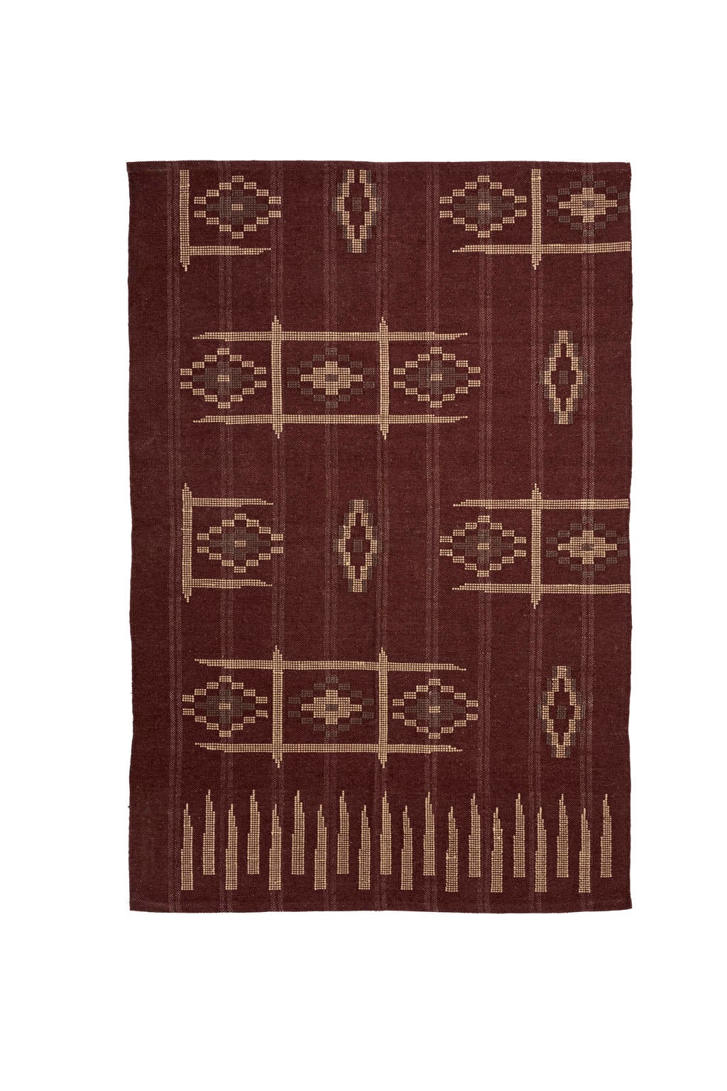 Madam Stoltz laagpolig rechthoekige vloerkleed 180x120 cm - bordeauxrood/gebroken wit/grijs