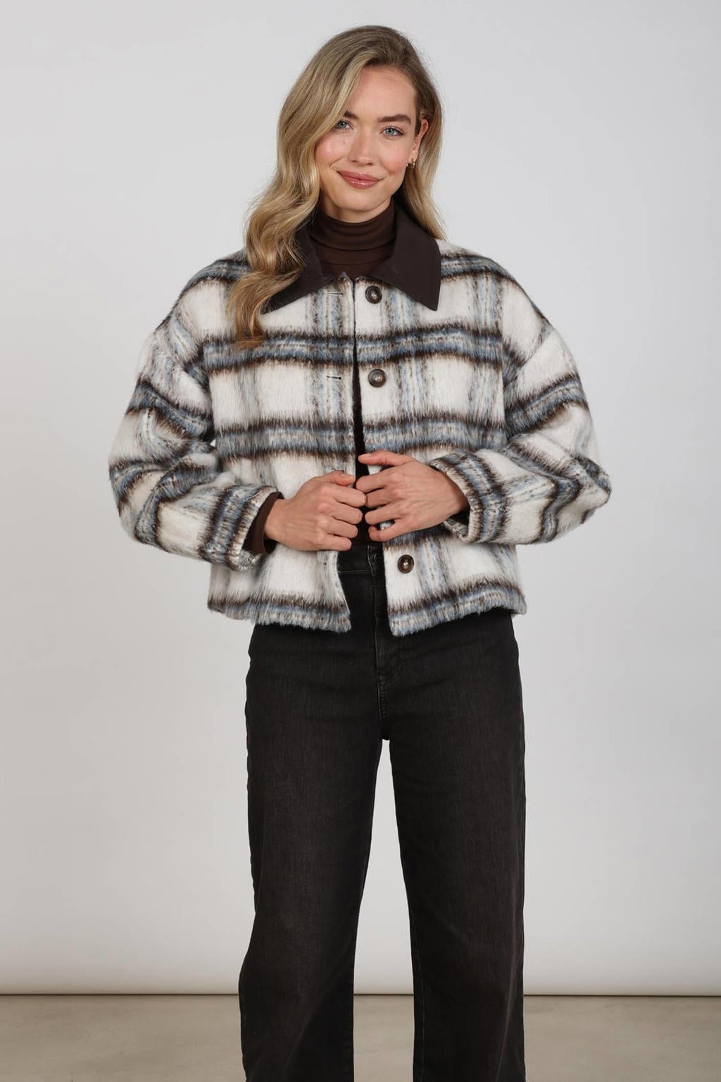 NUKUS geruite faux fur jas - wit