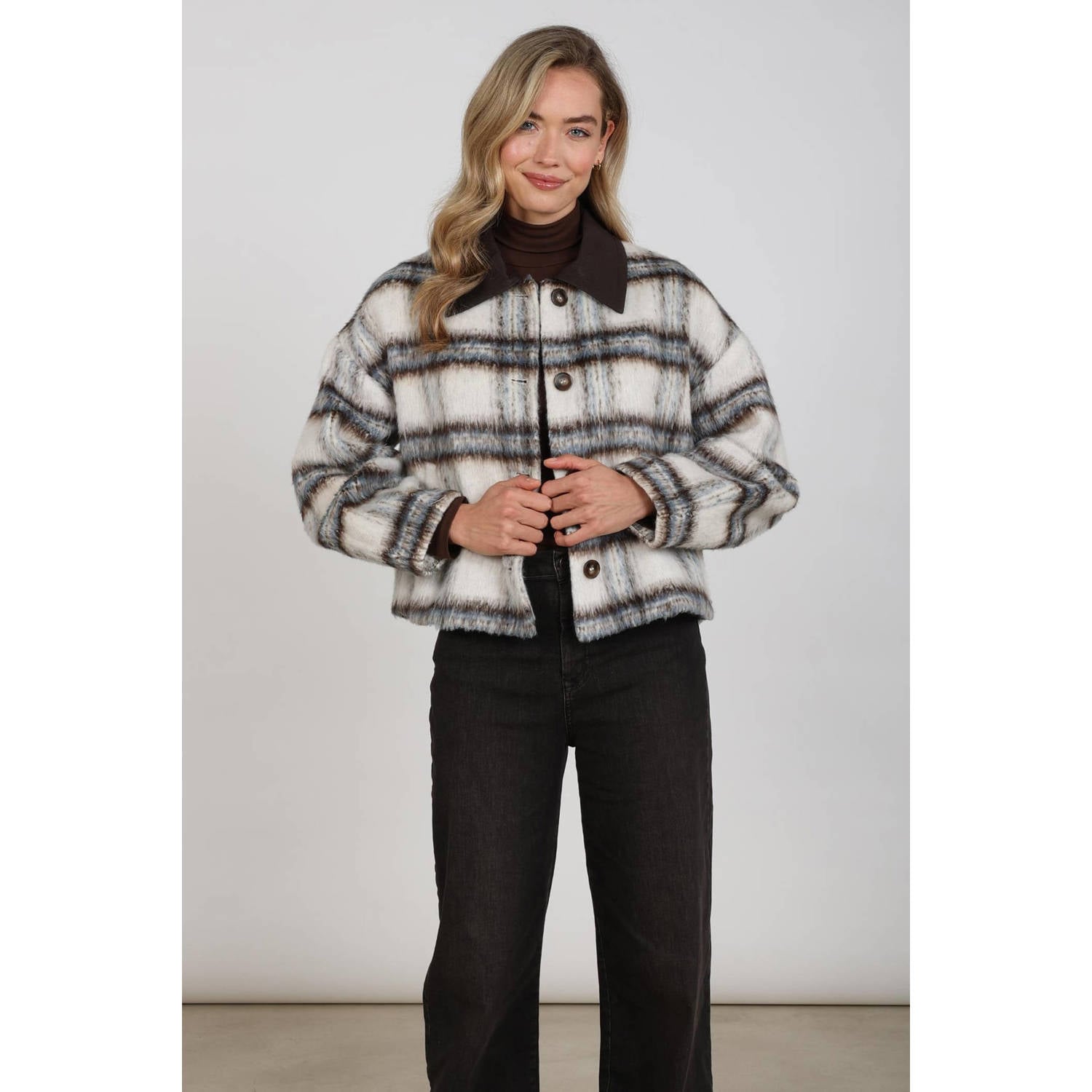 NUKUS geruite faux fur jas wit