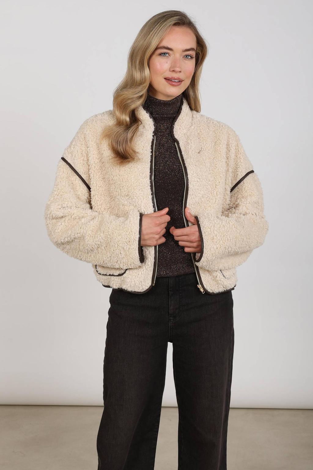 Beige dames NUKUS teddy jas van polyurethaan met effen, lange mouwen en opstaande kraag