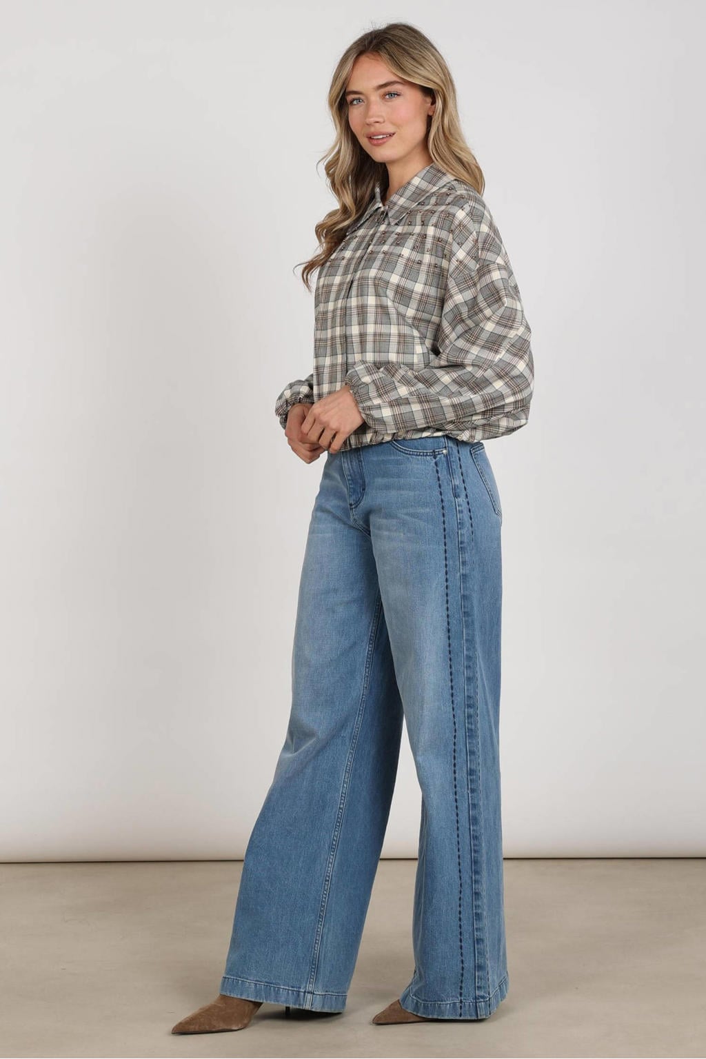 NUKUS geruite jas met strass-steentjes - taupe