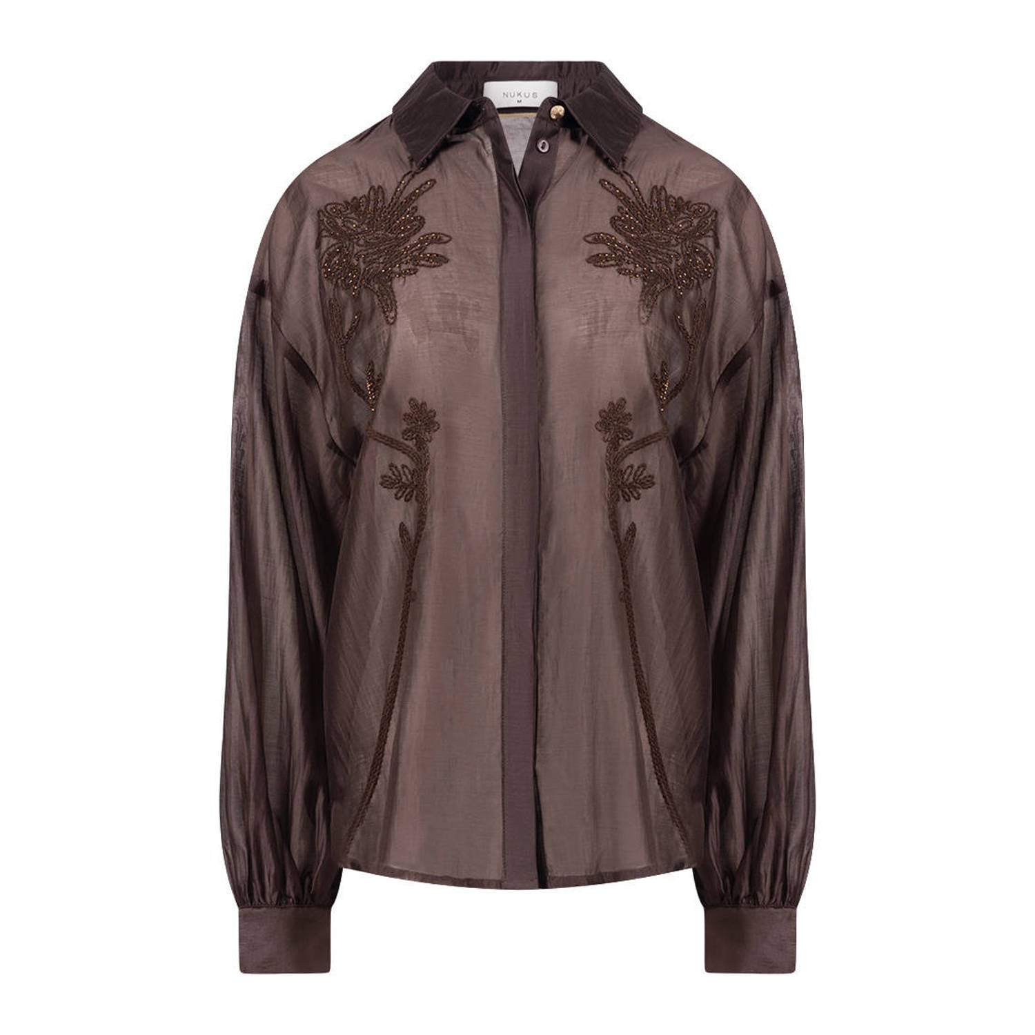 NUKUS semi-transparante blouse met broderie bruin