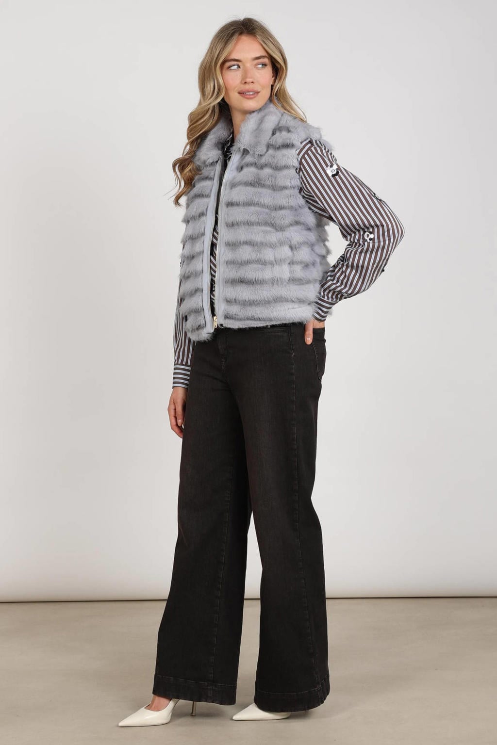 Grey denim dames NUKUS wide leg broek van denim met high waist, rits- en knoopsluiting en effen