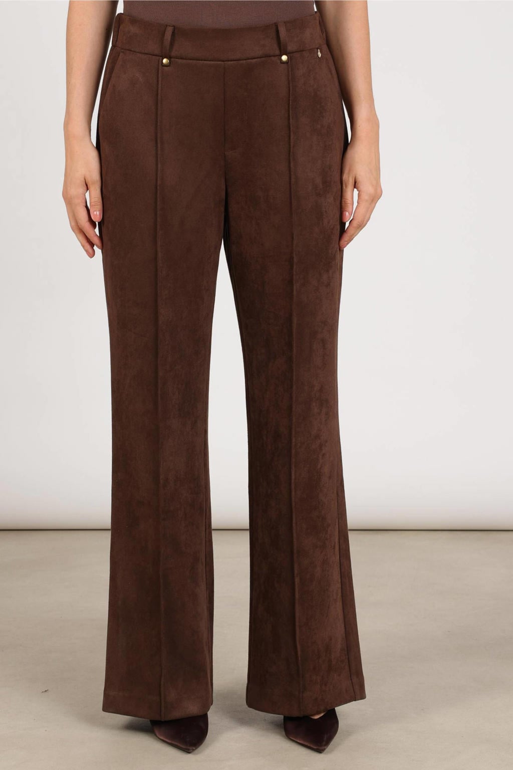 Donkerblauwe dames NUKUS suèdelook straight leg broek met effen