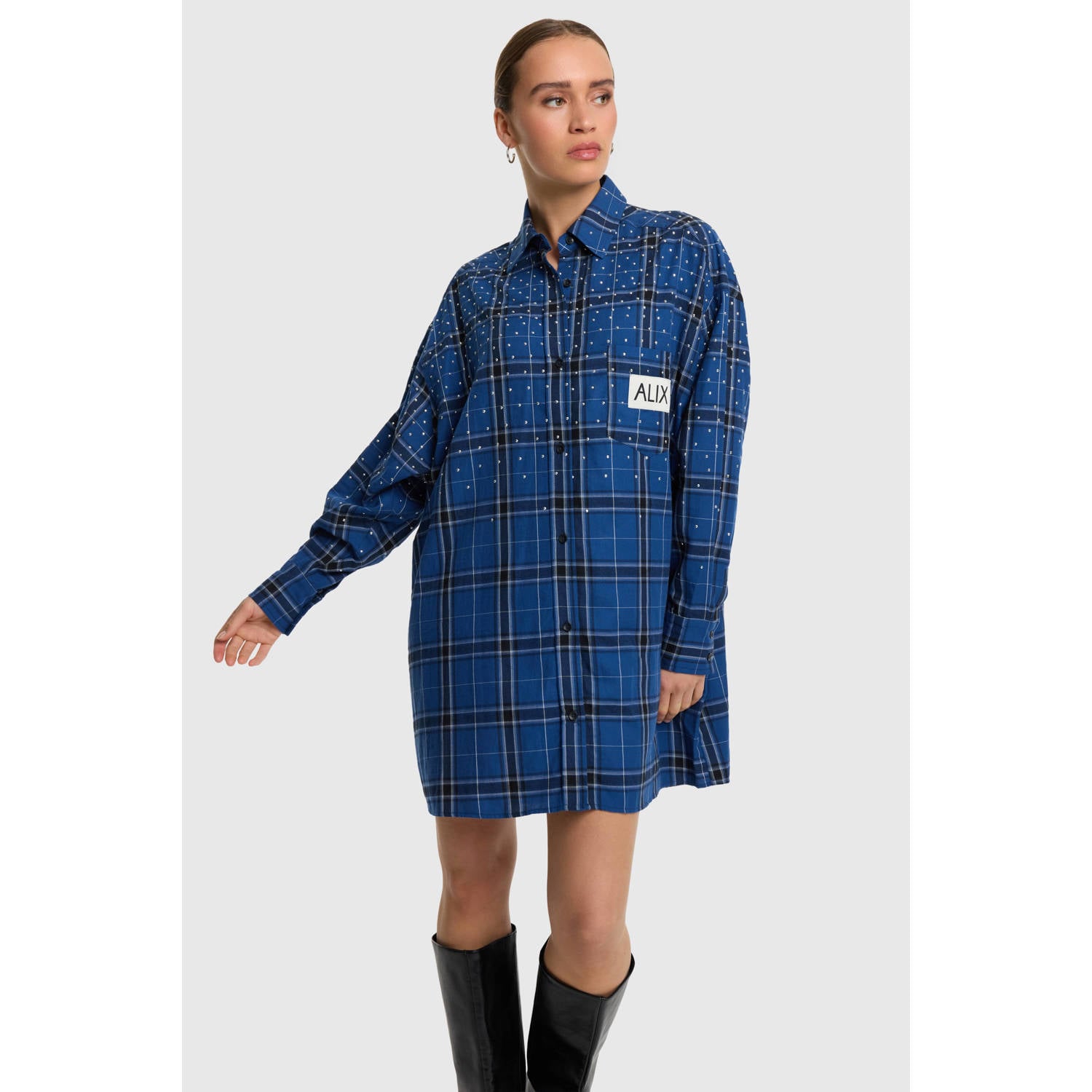 Alix the Label korte geruite blousejurk met studs donkerblauw