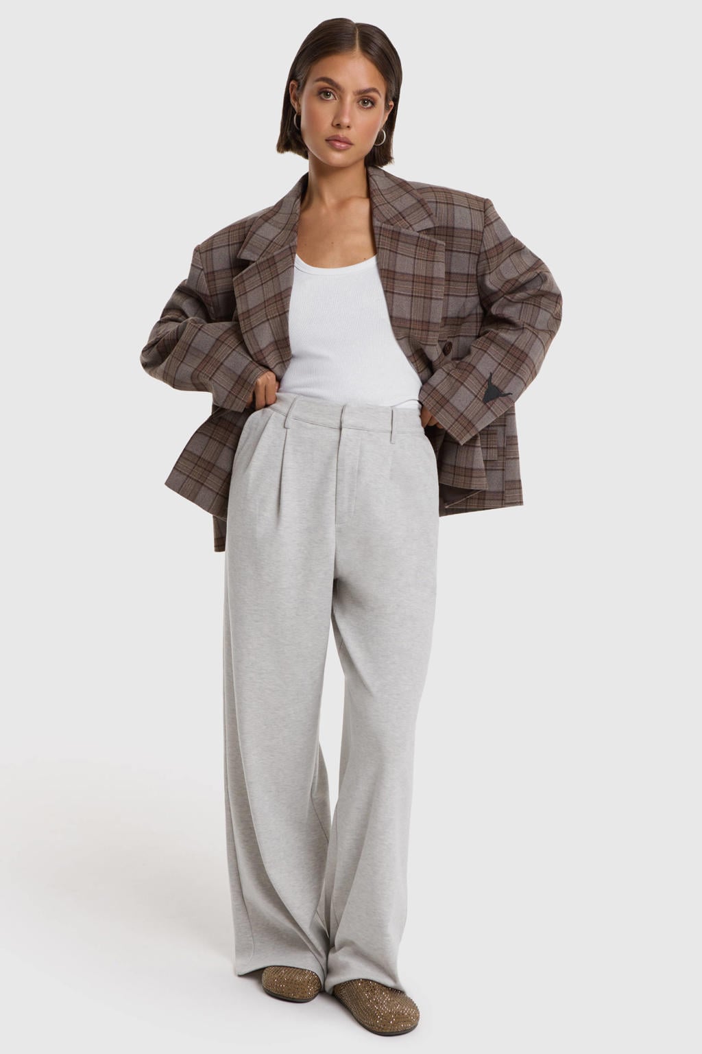 Bruine dames Alix the Label geruite cropped double breasted blazer met lange mouwen en reverskraag