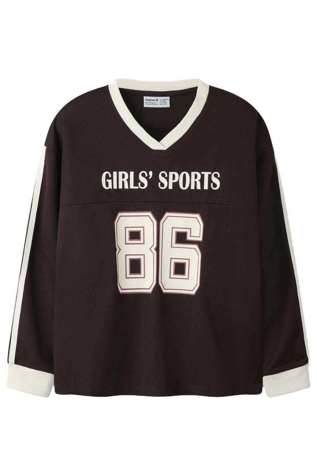 Donkerblauwe meisjes NAME IT KIDS longsleeve van polyester met tekst print, lange mouwen, V-hals en geribde boorden