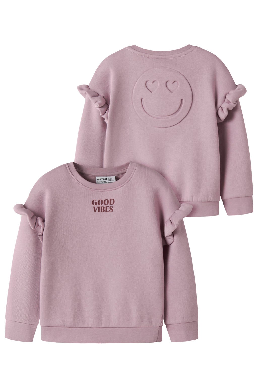 Paarse meisjes NAME IT MINI sweater en tekst met lange mouwen en ronde hals
