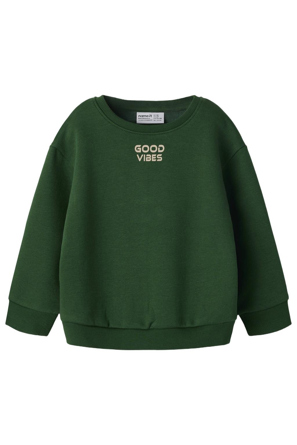 Groene jongens NAME IT MINI sweater met tekst print, lange mouwen, ronde hals en geribde boorden