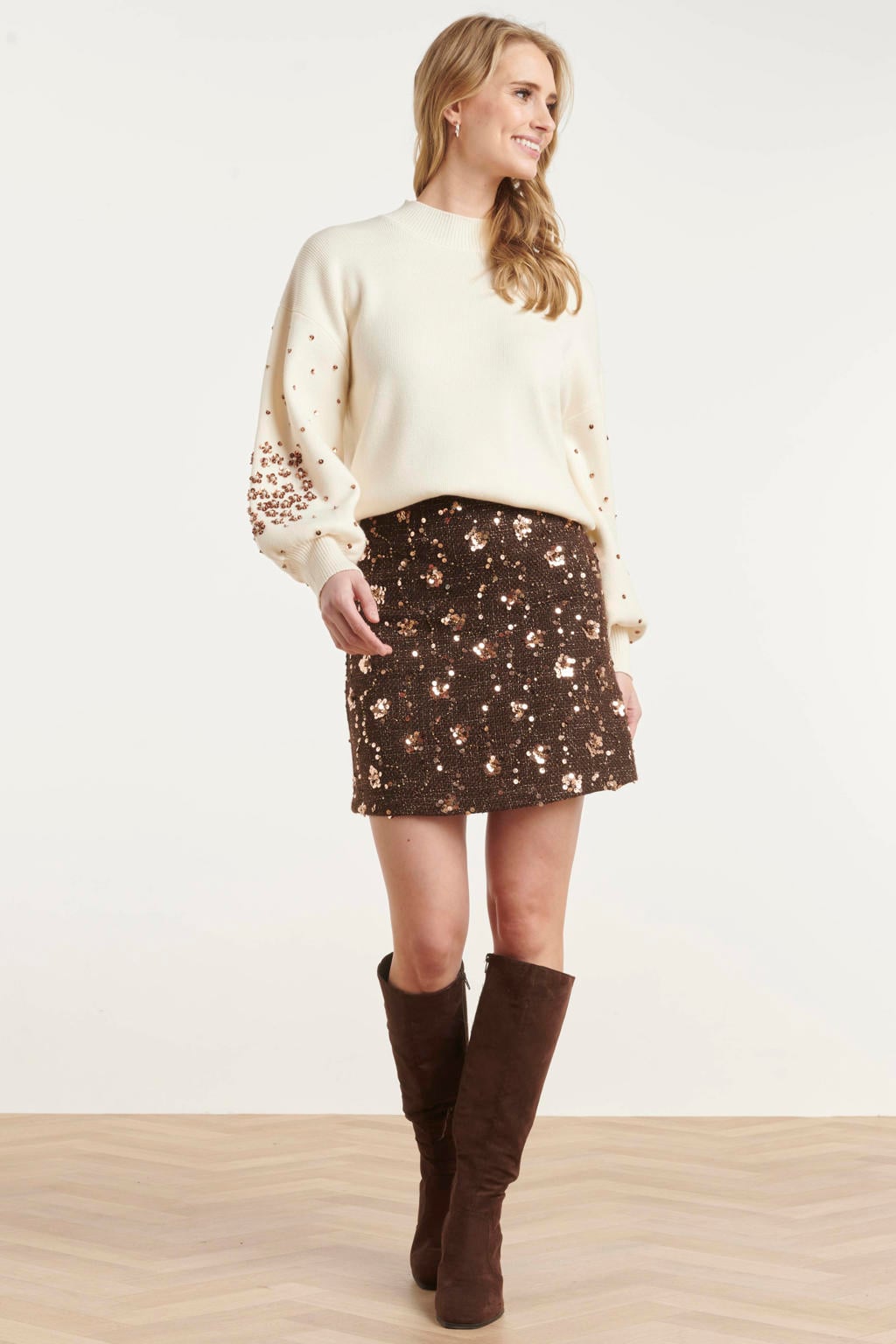 Ecru dames Smashed Lemon gebreide trui van viscose met effen, lange mouwen, col en pailletten