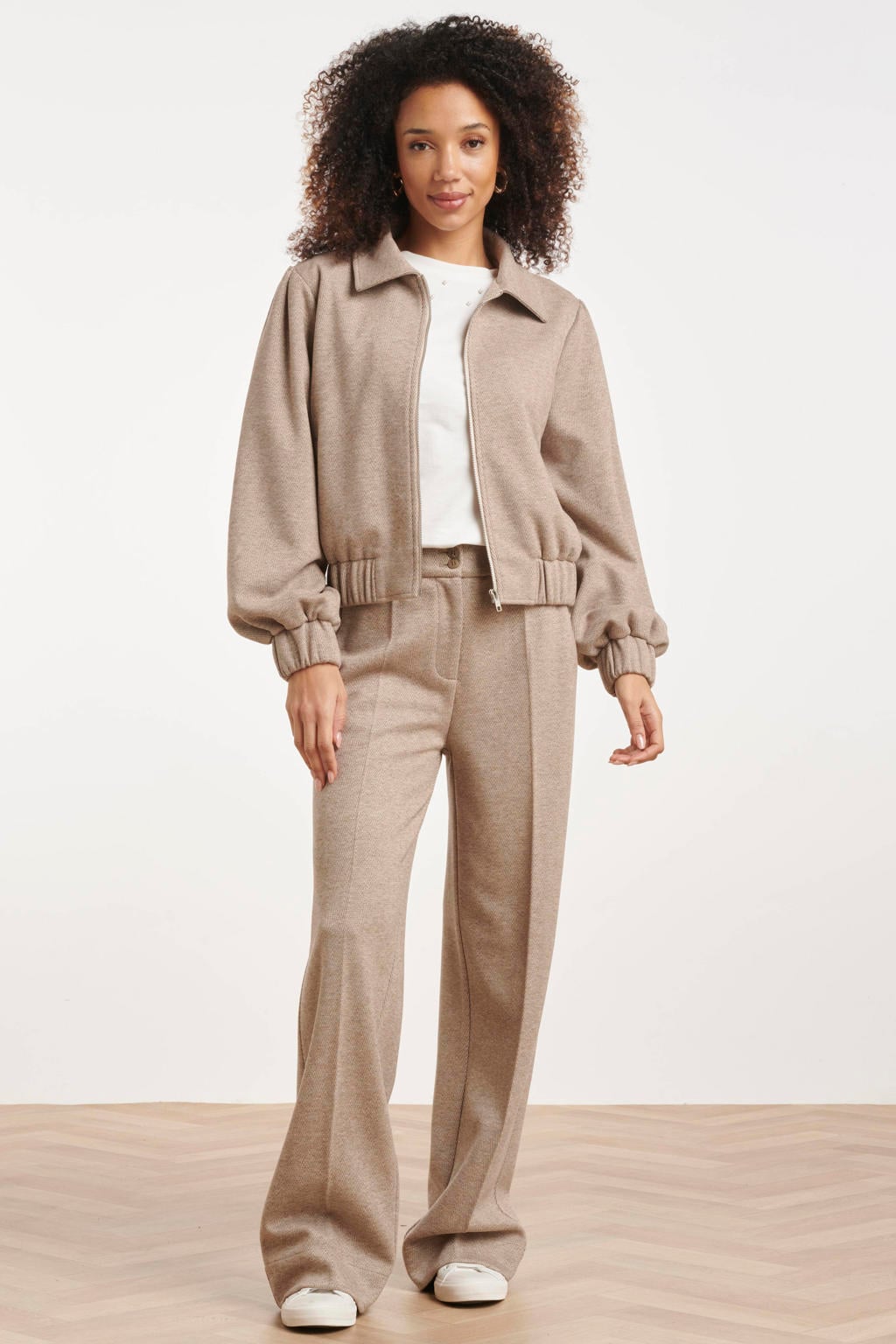 Beige dames Smashed Lemon straight leg broek en wol met rits- en knoopsluiting