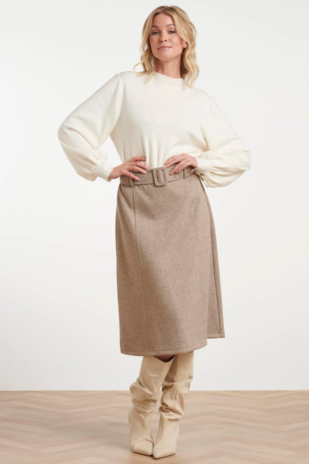 Beige dames Smashed Lemon midi A-lijn rok met ceintuur, print en wol voorzien van blinde ritssluiting