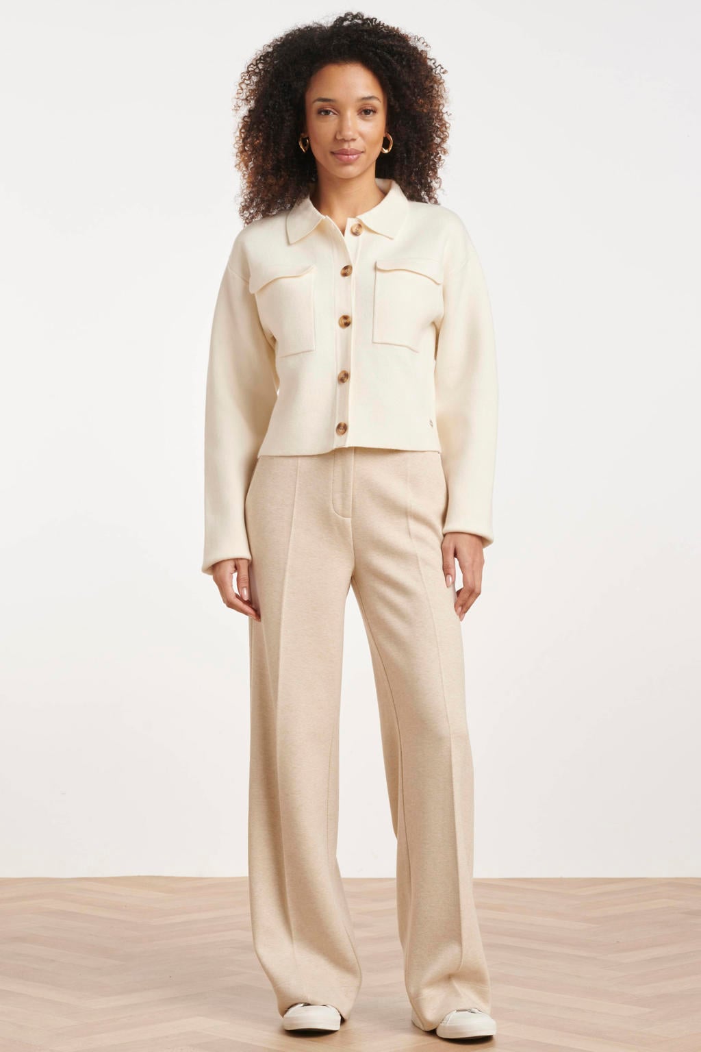 Beige dames Smashed Lemon wide leg broek van wol met rits- en knoopsluiting en effen