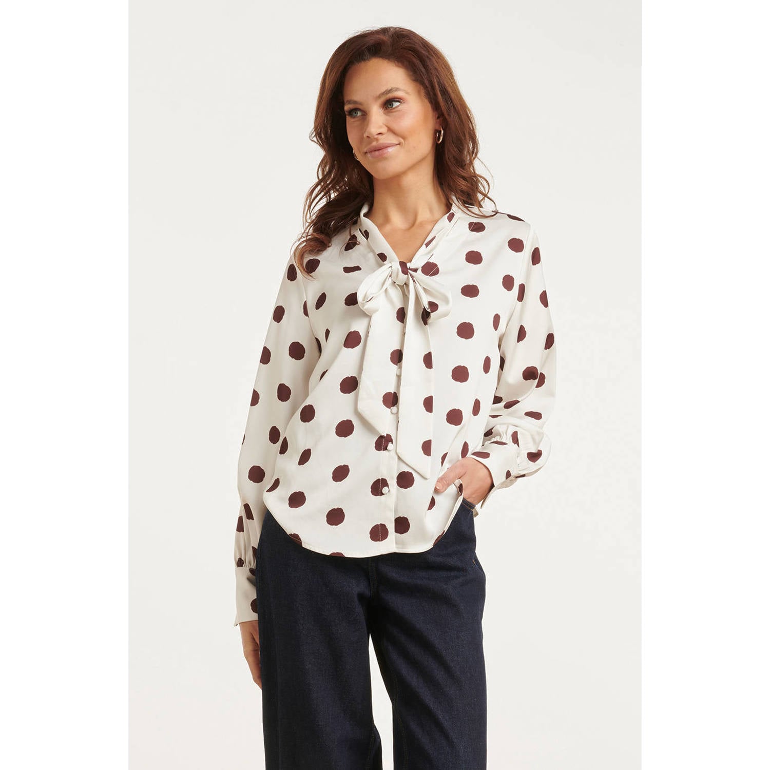 Smashed Lemon blouse met stippen en linnen wit bruin