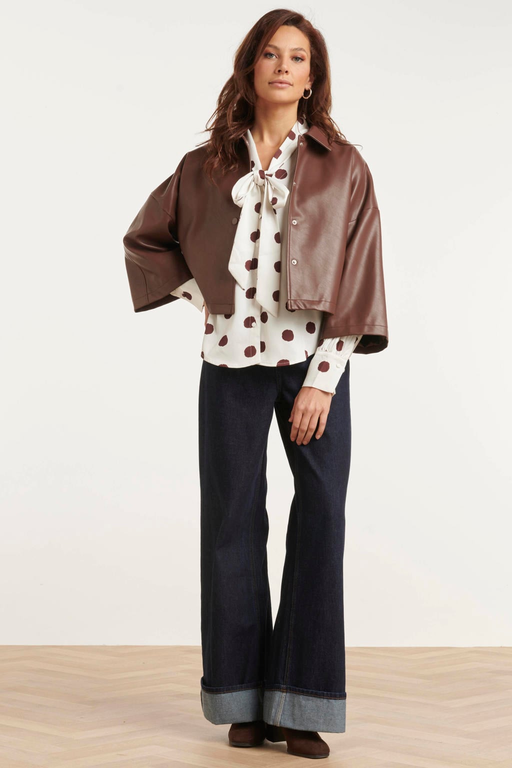 Smashed Lemon blouse met stippen en linnen - wit/bruin