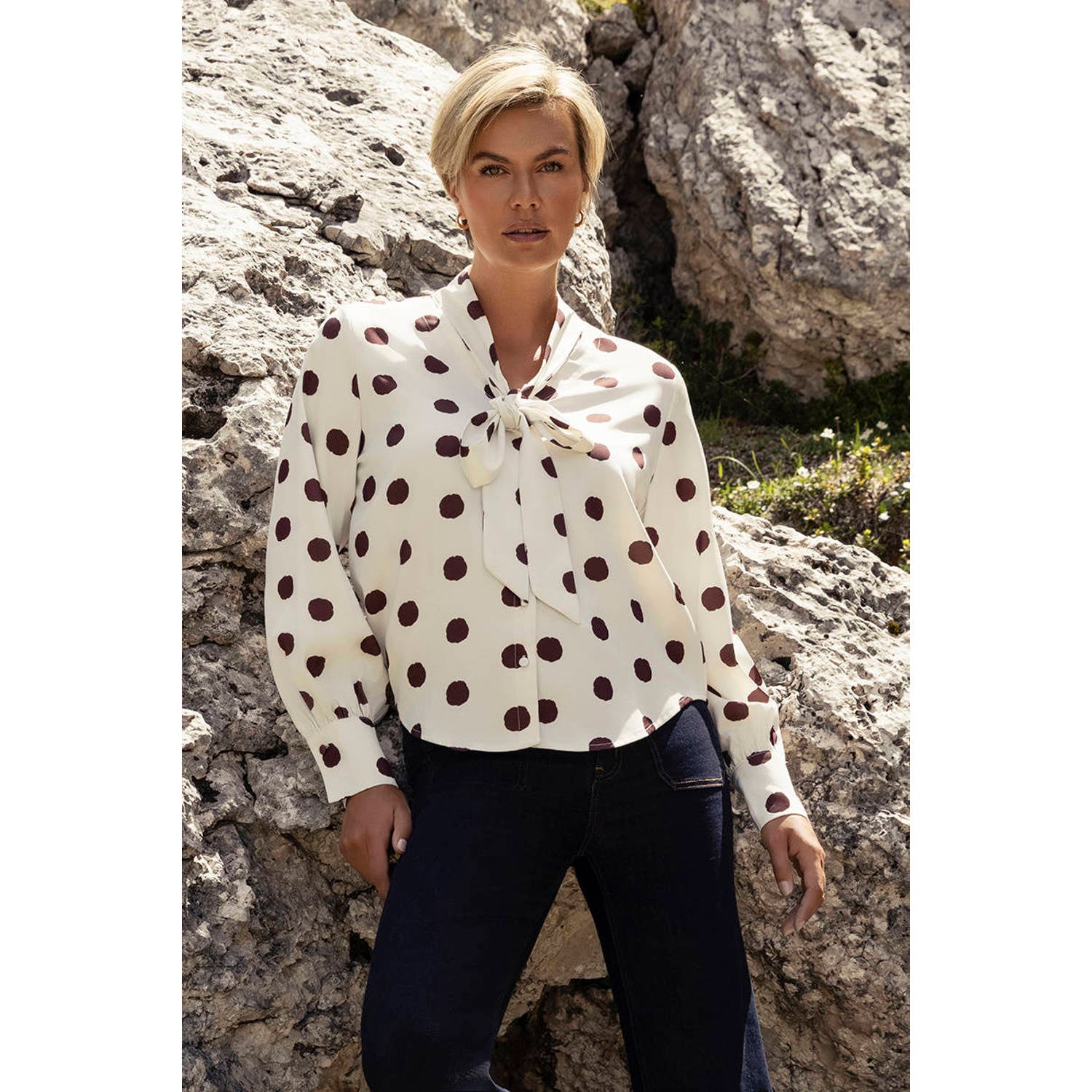 Smashed Lemon blouse met stippen en linnen wit bruin