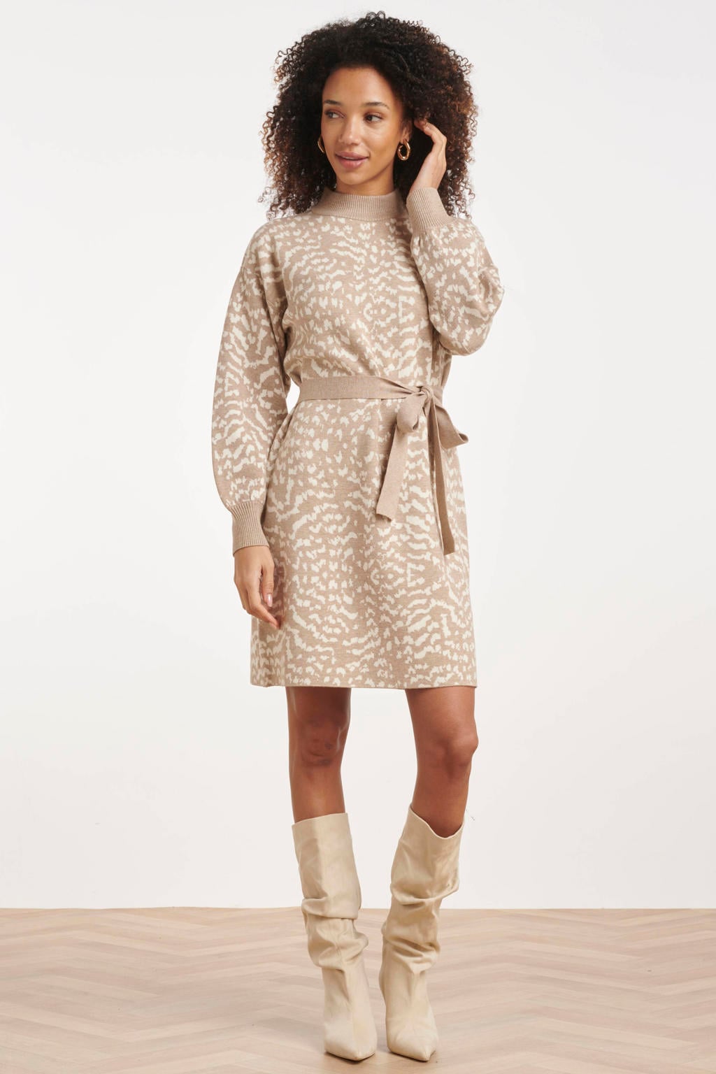 Beige dames Smashed Lemon gebreide jurk met print van viscose met lange mouwen en col