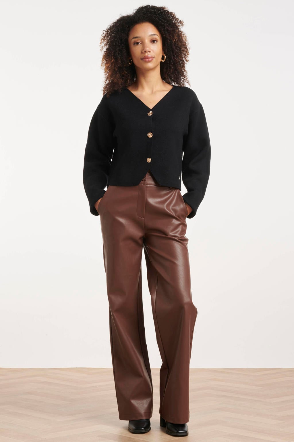Bruine dames Smashed Lemon imitatieleren straight leg broek met rits- en knoopsluiting