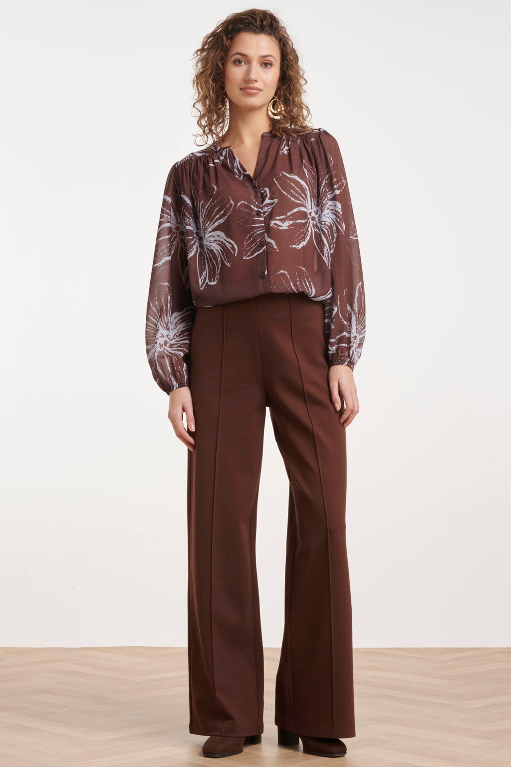 Bruine dames Smashed Lemon high waist wide leg pantalon bruin met effen