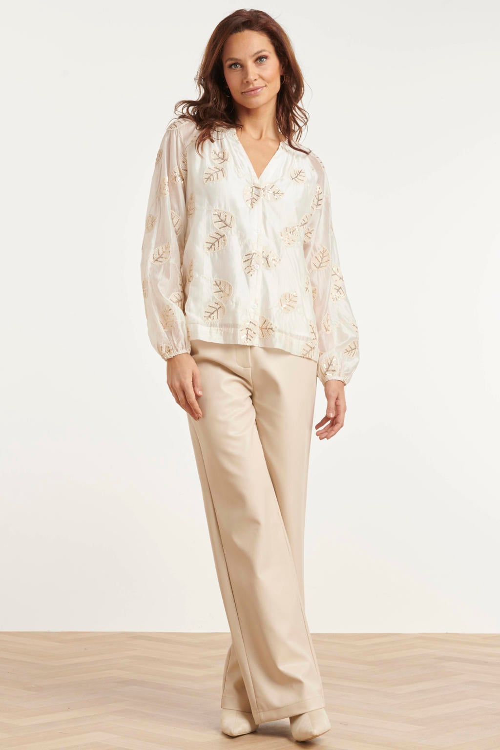 Ecru dames Smashed Lemon blouse en print met lange mouwen, klassieke kraag, knoopsluiting en borduursels
