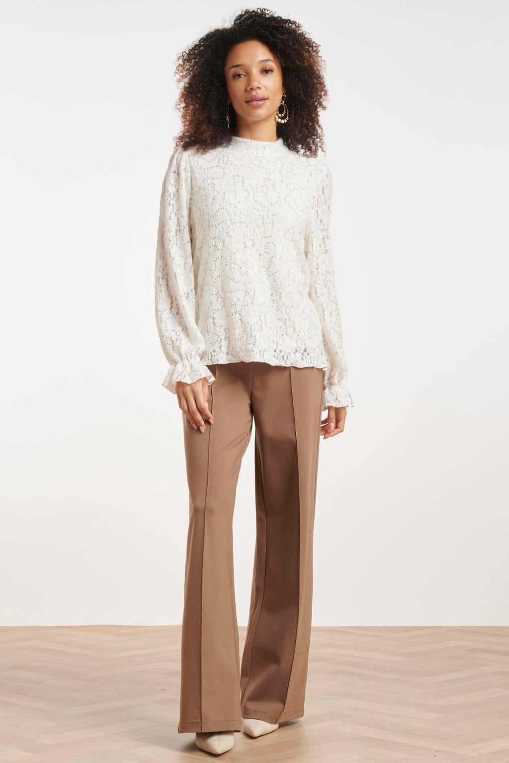 Ecru dames Smashed Lemon top van polyamide met effen, lange mouwen, ronde hals en kant