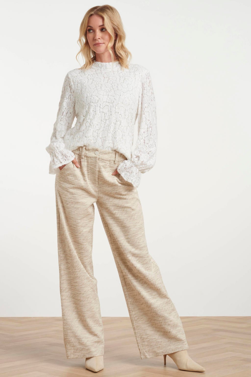 Beige dames Smashed Lemon high waist wide leg broek met rits- en knoopsluiting en effen