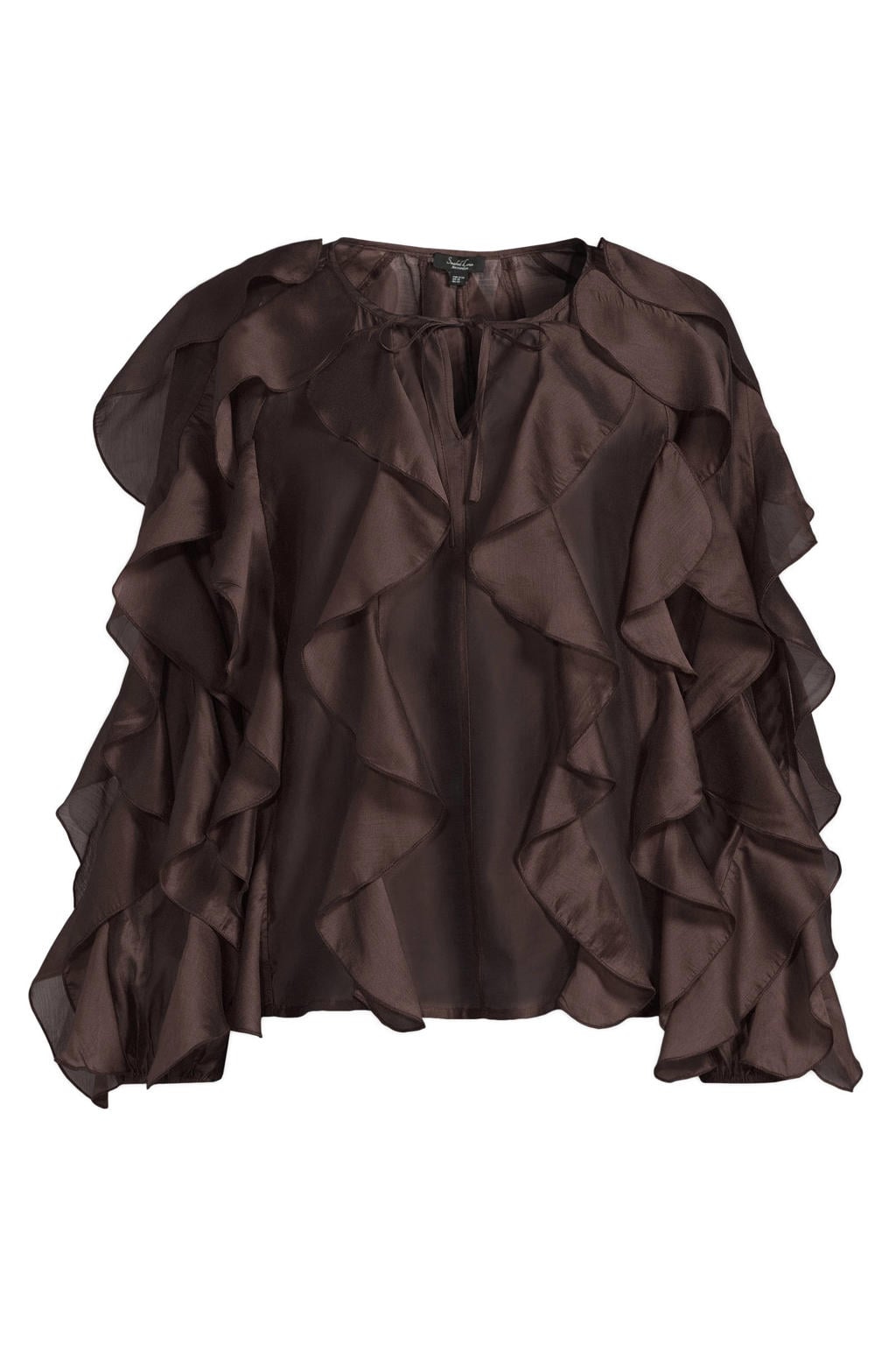 Donkerblauwe dames Smashed Lemon blouse van tencel met effen, lange mouwen, ronde hals en ruches