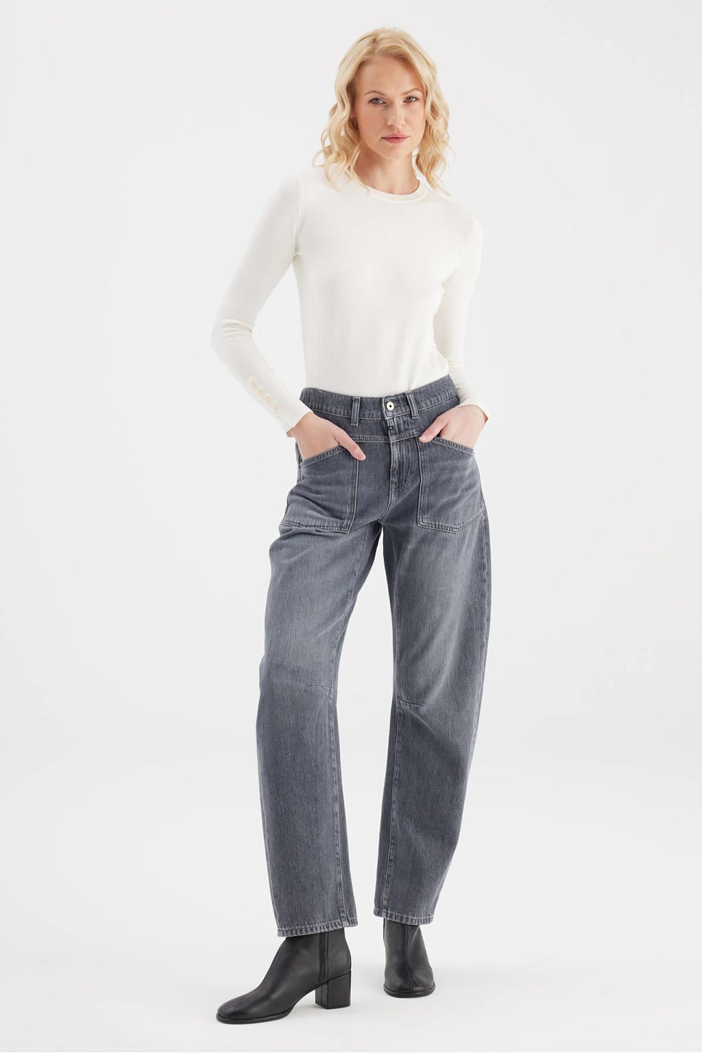 Grey denim dames Cup of Joe Denim barrel jeans met regular waist, rits- en knoopsluiting en effen