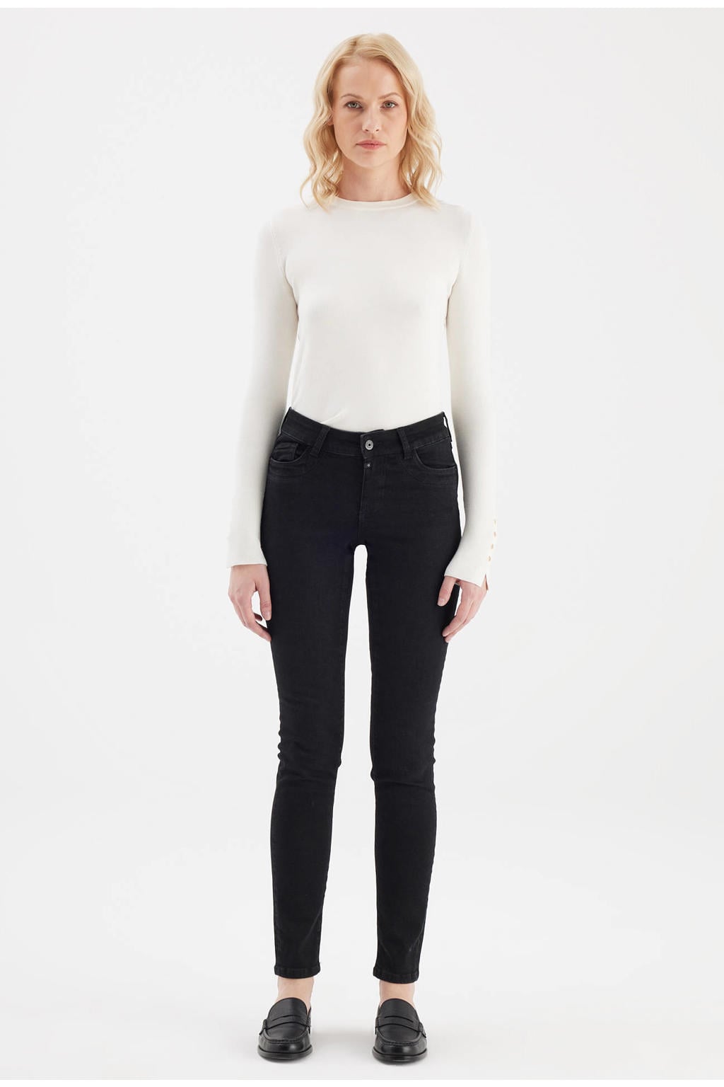 Zwarte dames Cup of Joe Denim skinny jeans met regular waist, rits- en knoopsluiting en effen