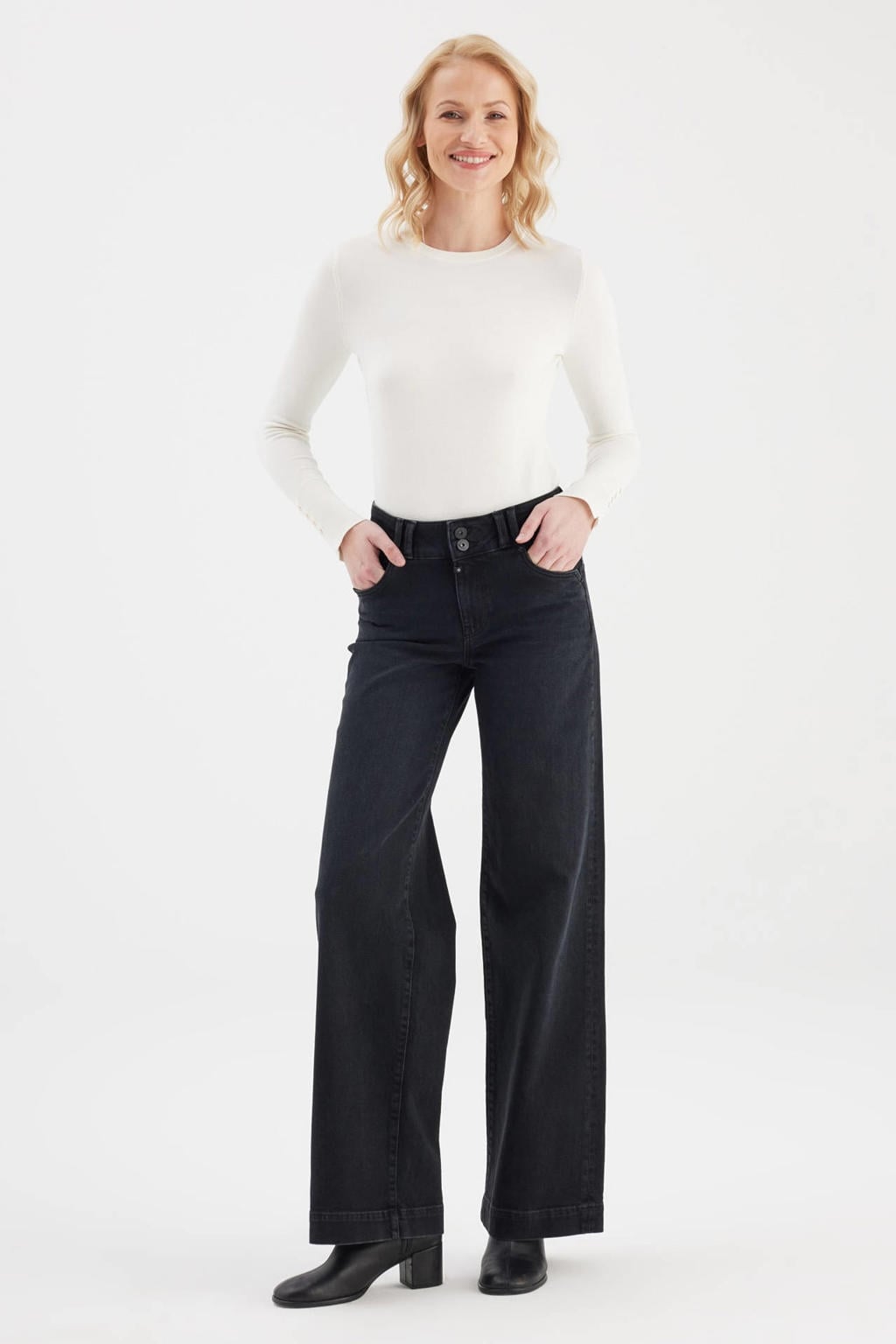 Zwarte dames Cup of Joe Denim wide leg jeans met rits- en knoopsluiting en effen