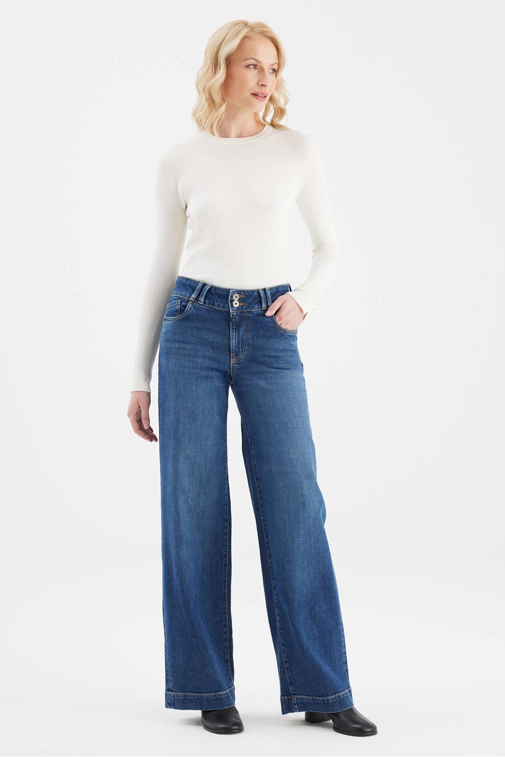 Dark blue denim dames Cup of Joe Denim wide leg jeans met rits- en knoopsluiting en effen