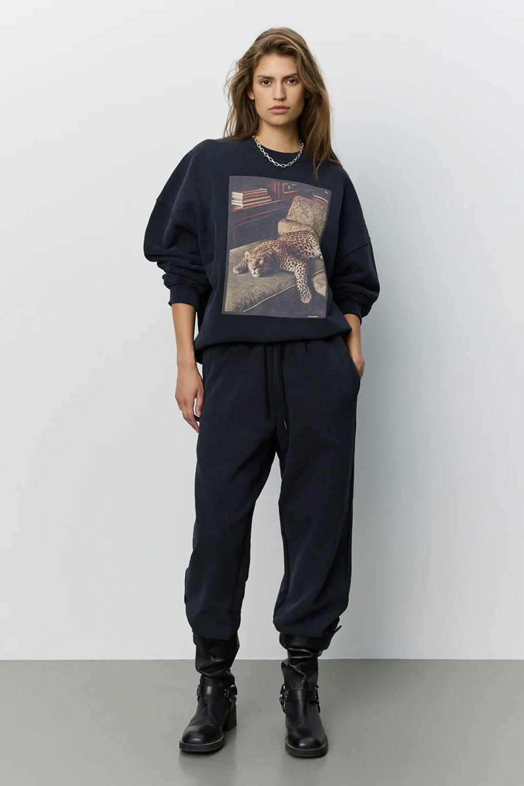 Zwarte dames Sofie Schnoor oversized trui van katoen met printopdruk, lange mouwen en ronde hals