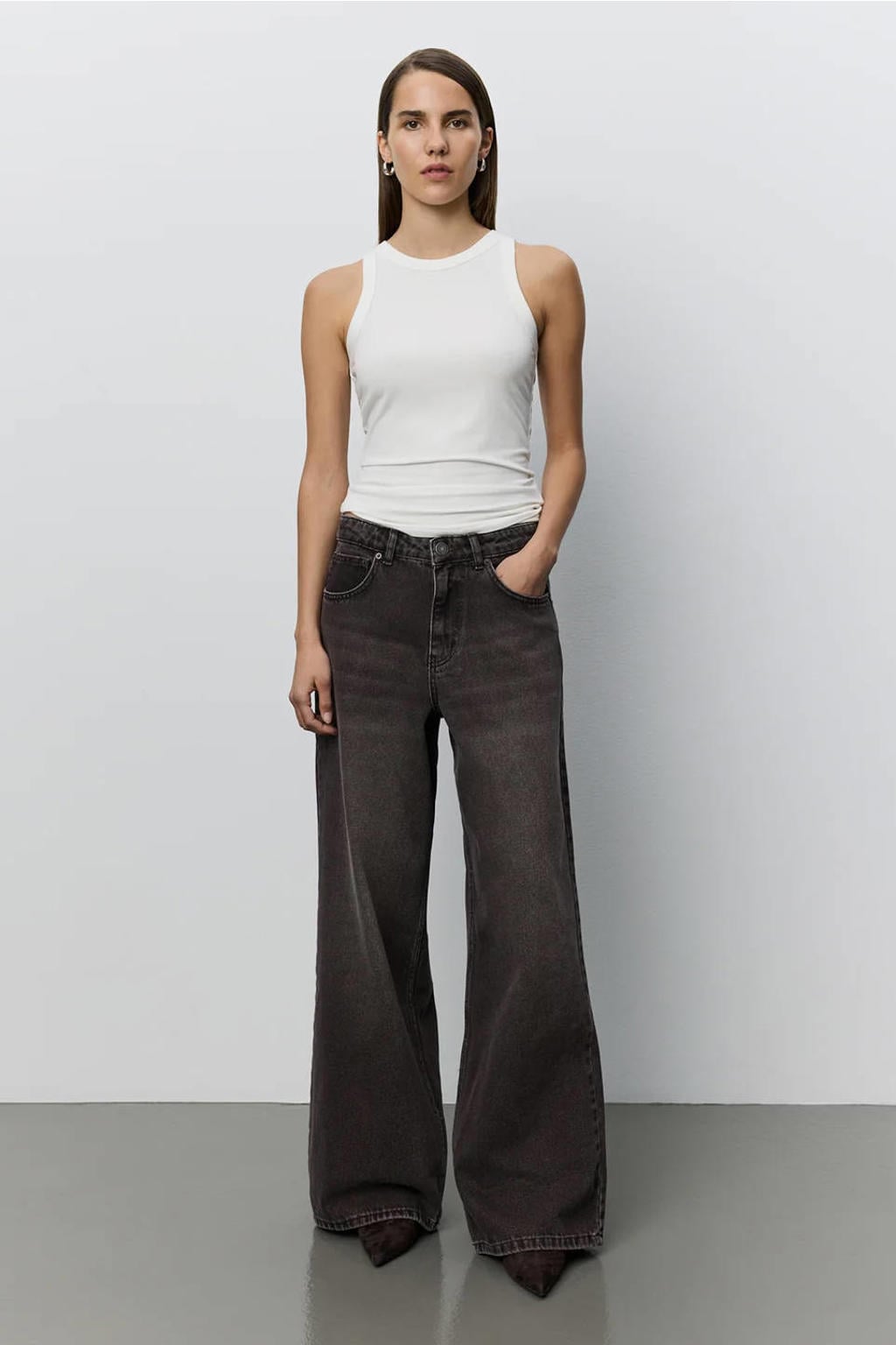 Grey denim dames Sofie Schnoor wide leg jeans van denim met rits- en knoopsluiting en effen