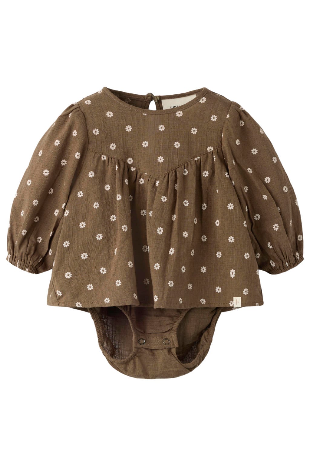 Bruine meisjes LIL' ATELIER BABY gebloemde blousetop van katoen met lange mouwen, ronde hals, knoopsluiting en geweven detail