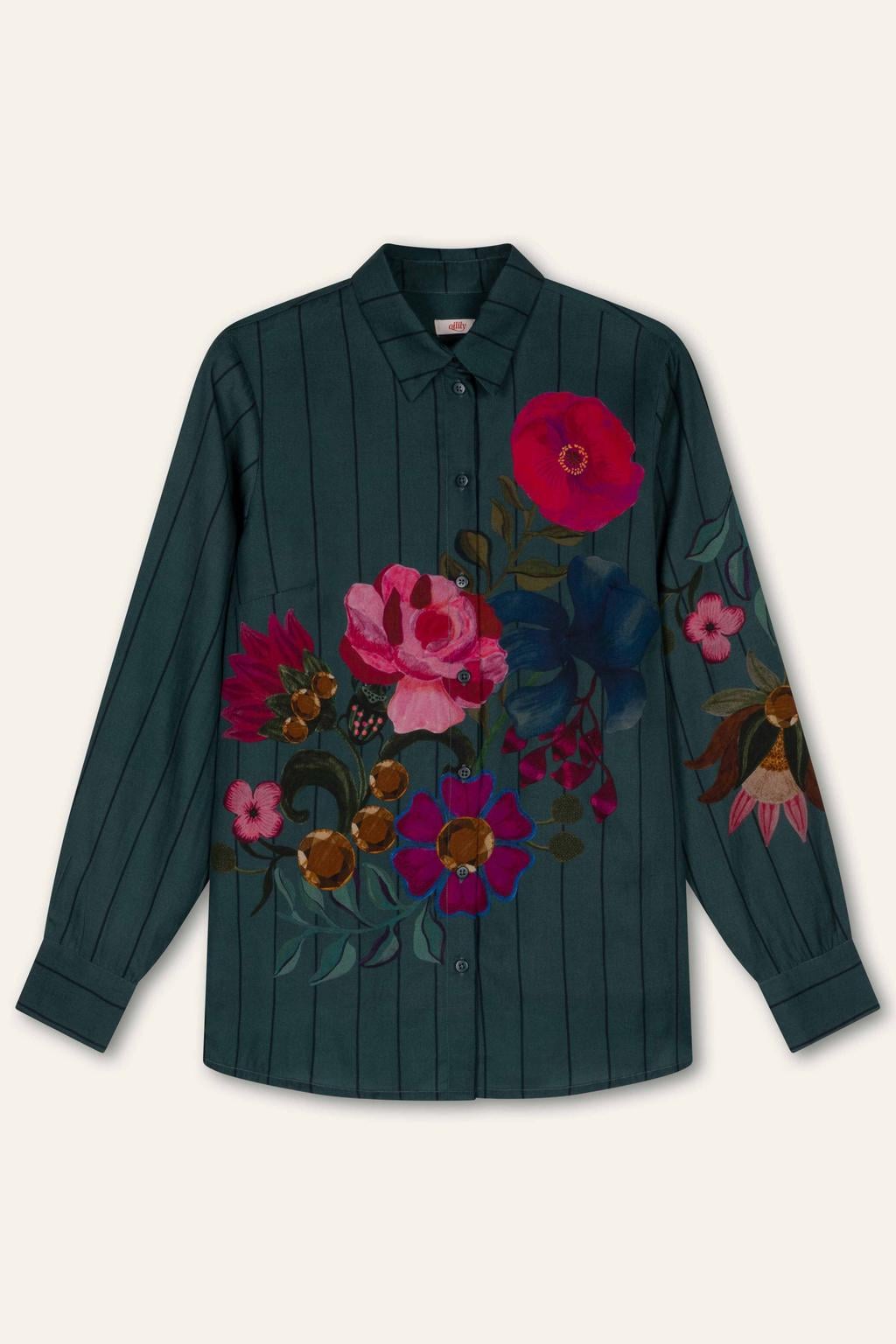 Donkergroene dames Oilily gebloemde blouse van tencel met lange mouwen, klassieke kraag en knoopsluiting