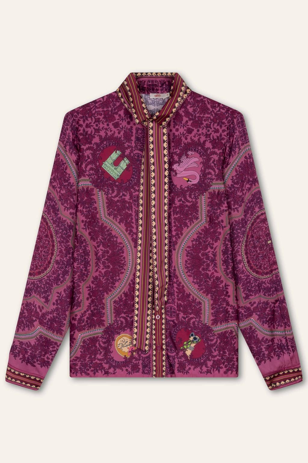 Paarse dames Oilily blouse van viscose met lange mouwen, strikkraag en blinde knoopsluiting