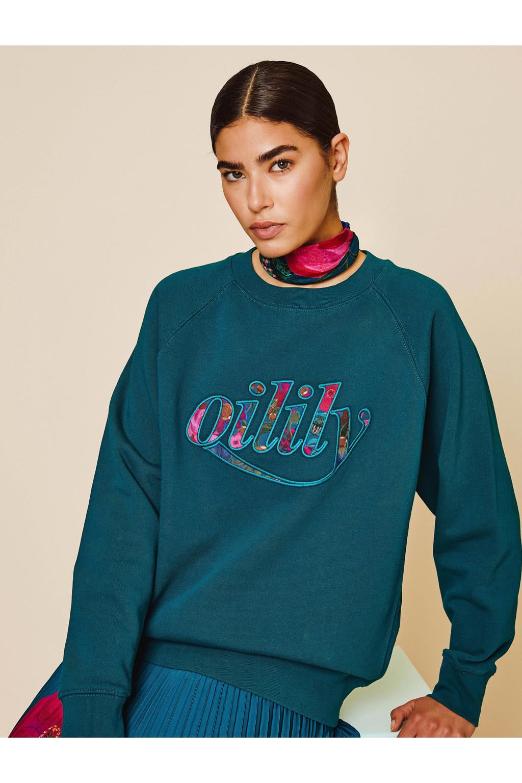 Groene dames Oilily sweater met logo dessin, lange mouwen en ronde hals