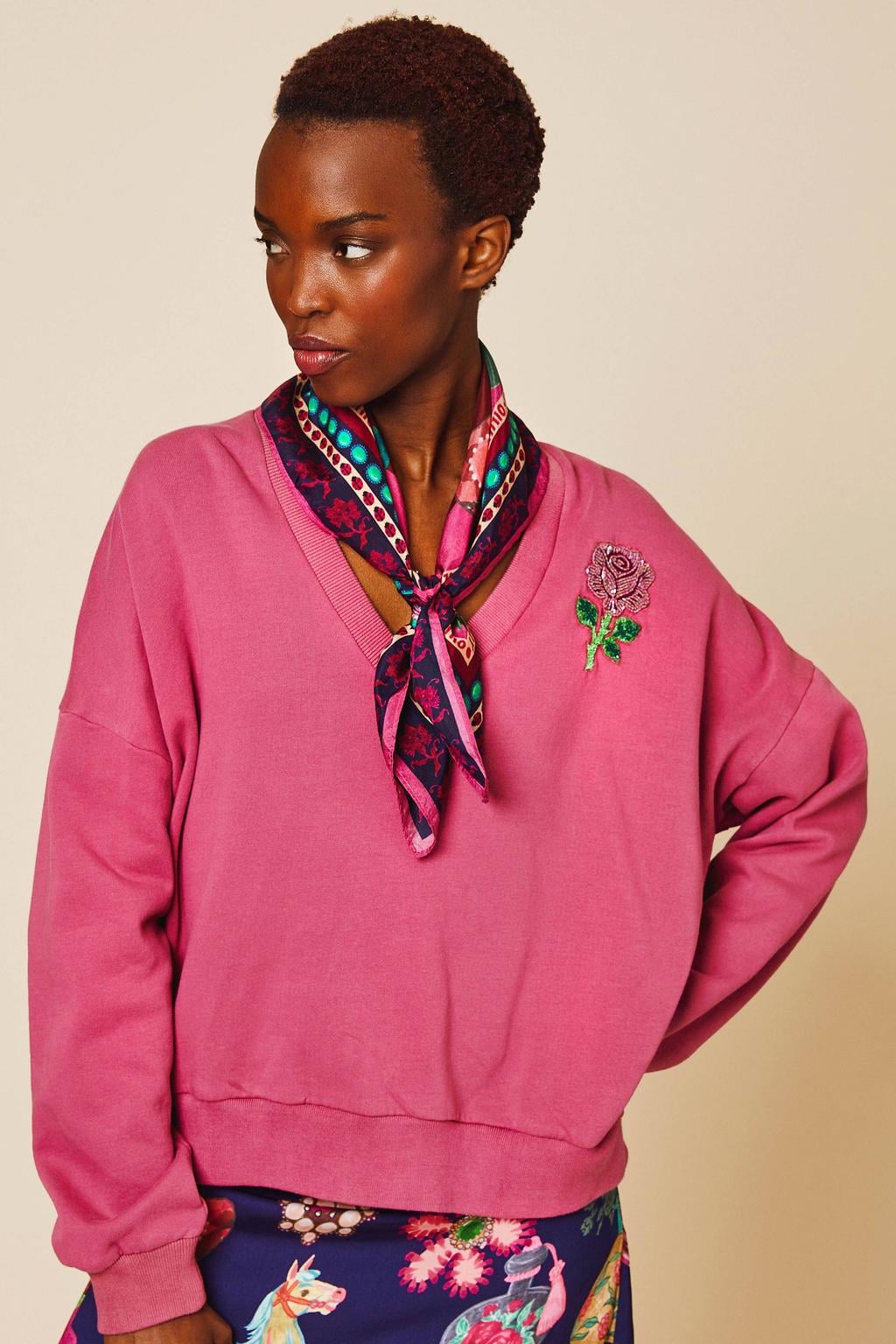 Roze dames Oilily katoenen sweater met lange mouwen, V-hals en borduursels