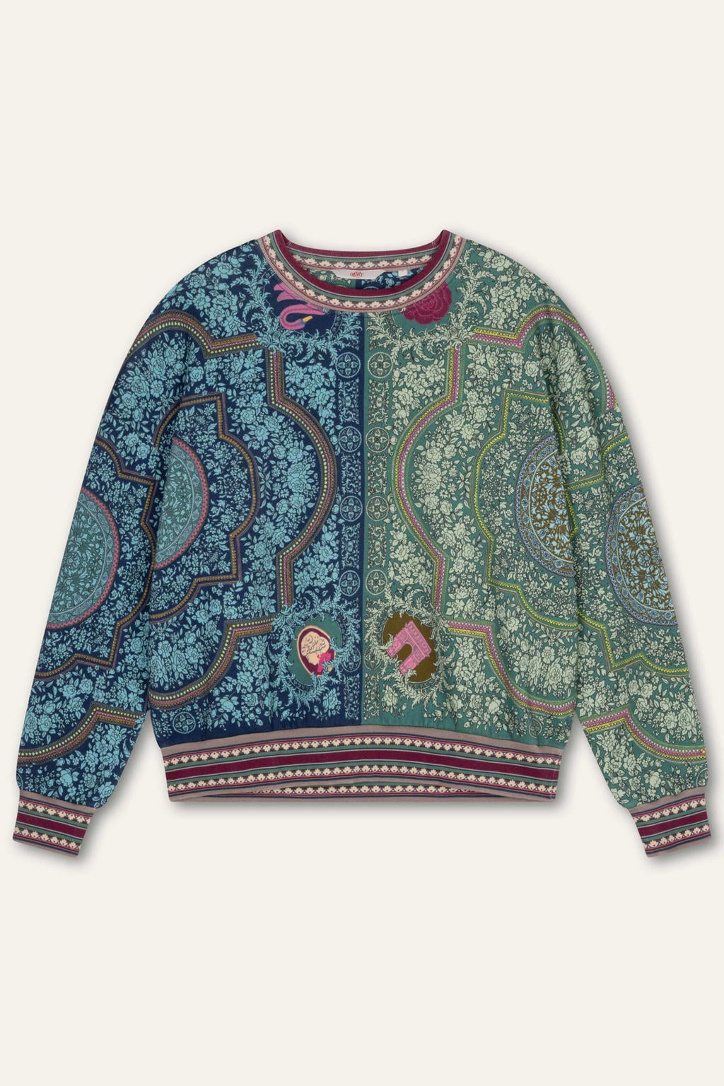 Blauw en groene dames Oilily katoenen sweater met lange mouwen en ronde hals