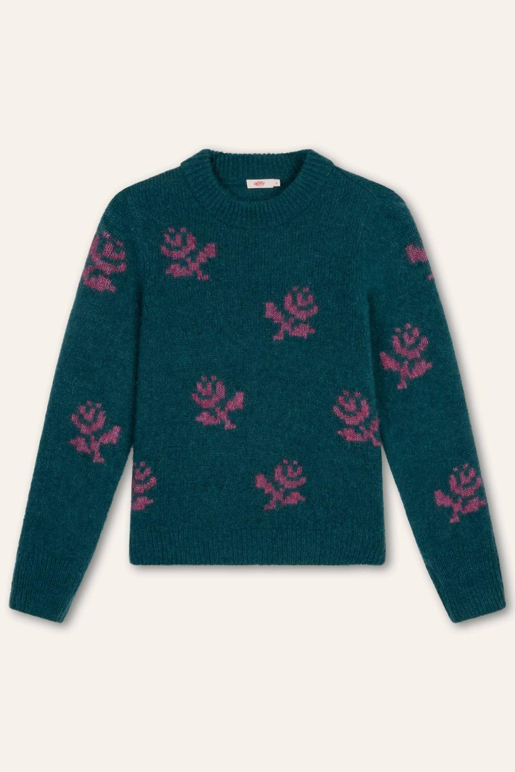 Donkergroen en roze dames Oilily gebreide gebloemde trui van wol met lange mouwen en ronde hals