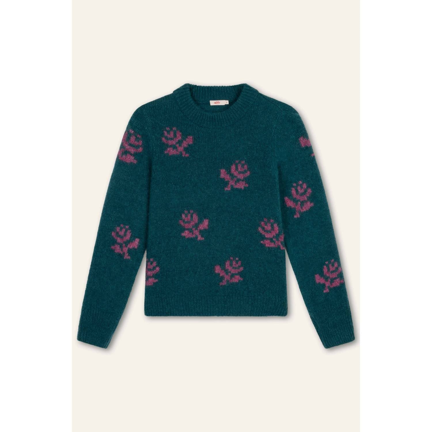 Oilily gebreide gebloemde trui met wol donkergroen roze
