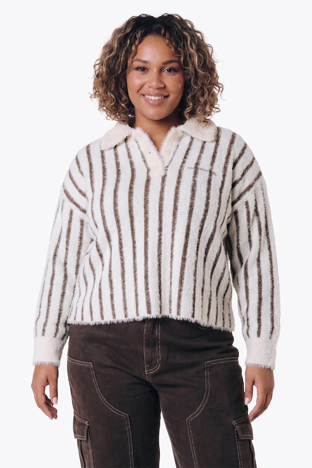 Colourful Rebel Curve Plus Size gebreide gestreepte trui - ecru/bruin