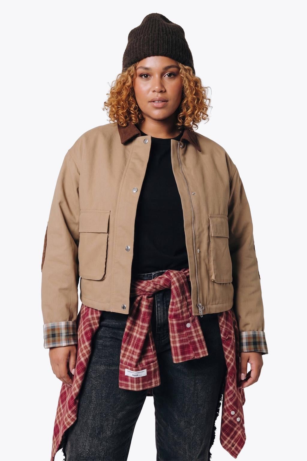 Camelkleurige dames Colourful Rebel Curve jas van katoen-lyocell met effen, lange mouwen en patches