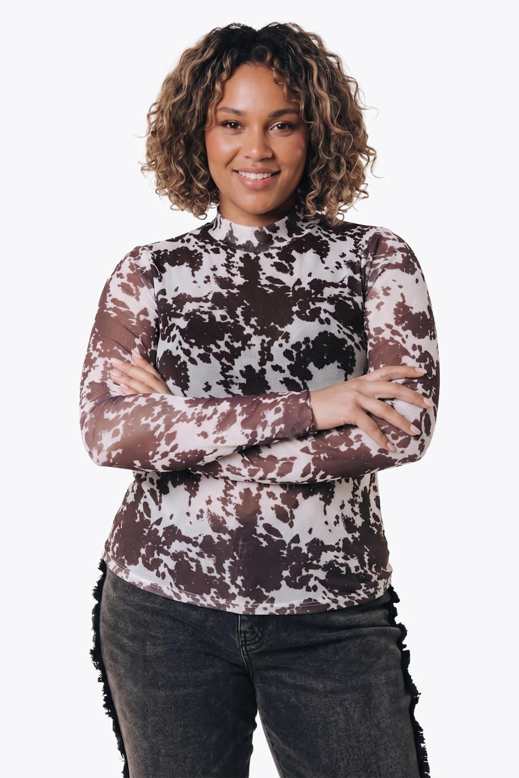 Bruine dames Colourful Rebel Curve top Plus Size van mesh met lange mouwen