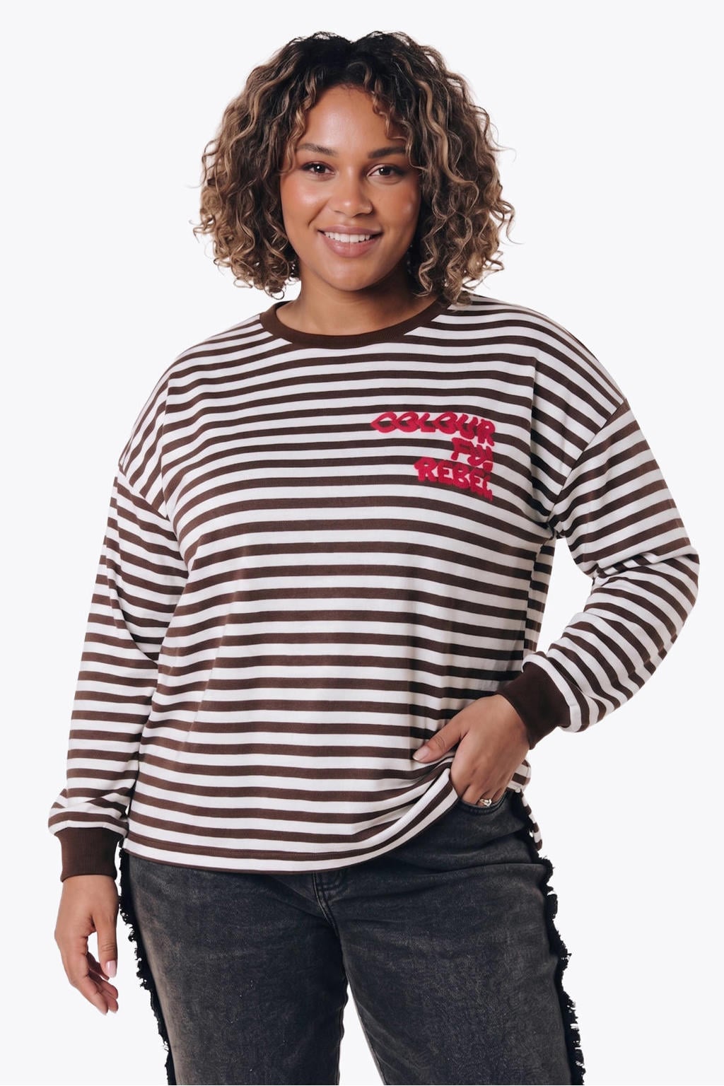 Bruin en witte dames Colourful Rebel Curve katoenen gestreepte sweater met lange mouwen en ronde hals